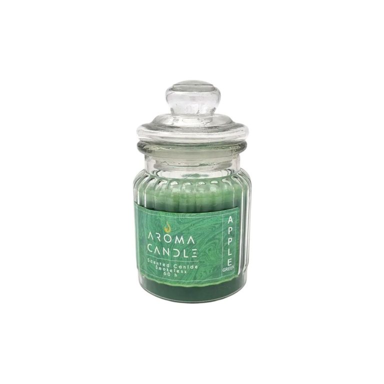 A dark green scented jar candle in a glass jar with a lid and a label attached reading Aroma Candle. Image relates to a product titled: شمع معطر لیوانی سیب (Apple)