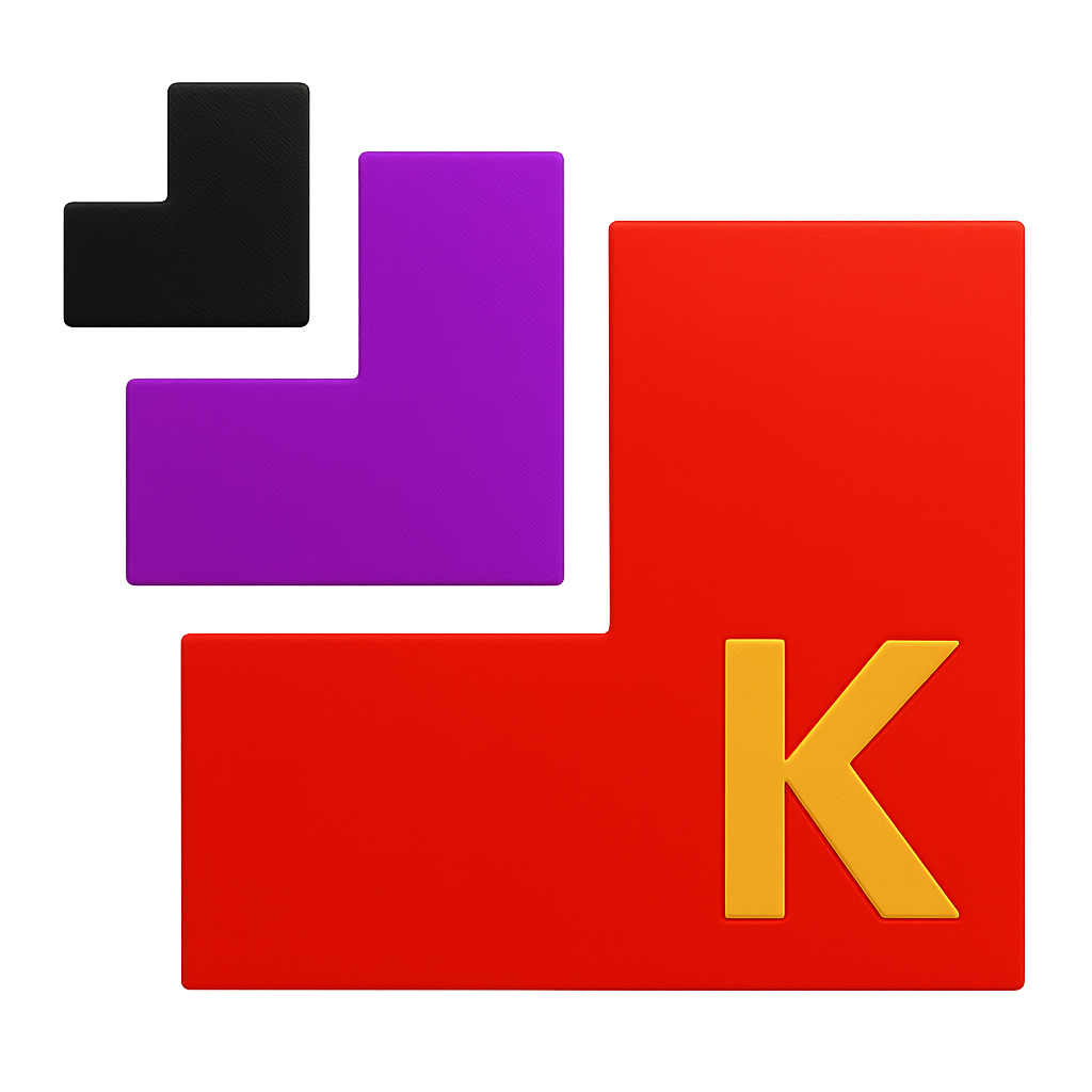 Konj Decor logo consisting of three squarely-shaped arrow heads pointing to the bottom left, starting from a small black one at the top left, continuing with a purple medium arrow, and ending with a bigger red squarely-shaped arrow head with a K inscribed on it, symbolizing Konj Decor: کنج دکور، فروشگاه کالاهای دکوری